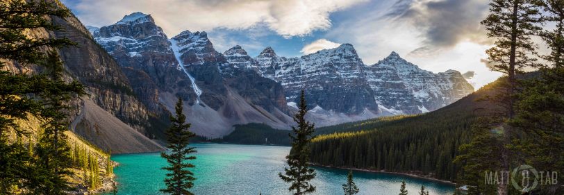 A panoramic view of Moraine Lake at golden hour from above. © Matthew Friesen